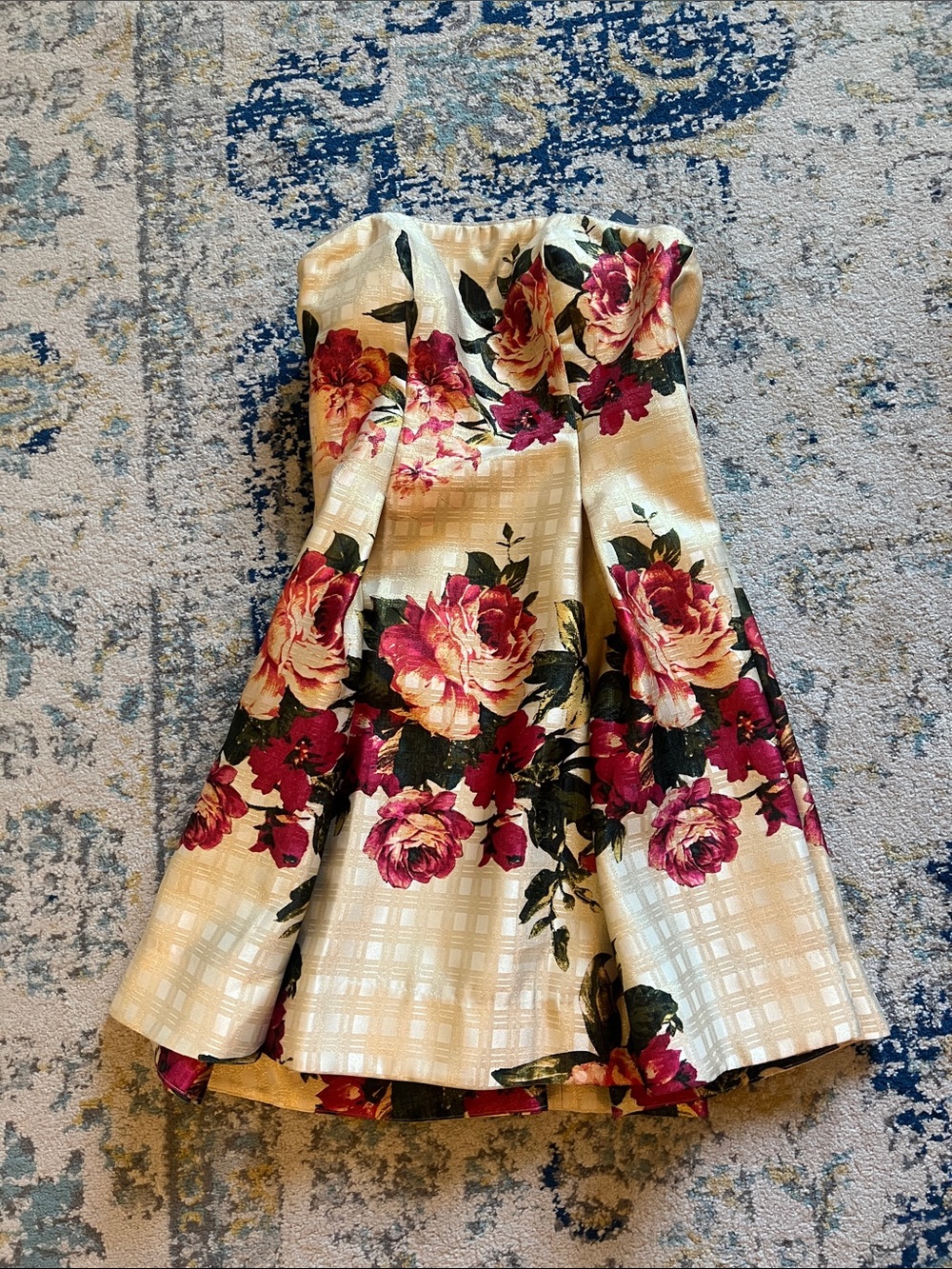Nicole Miller Ivory Strapless Floral Dress with Pink Roses